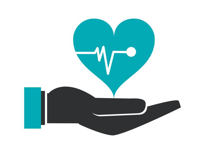 fihus af hånd med håndfladen op og et hjerte med en puls linje igennem